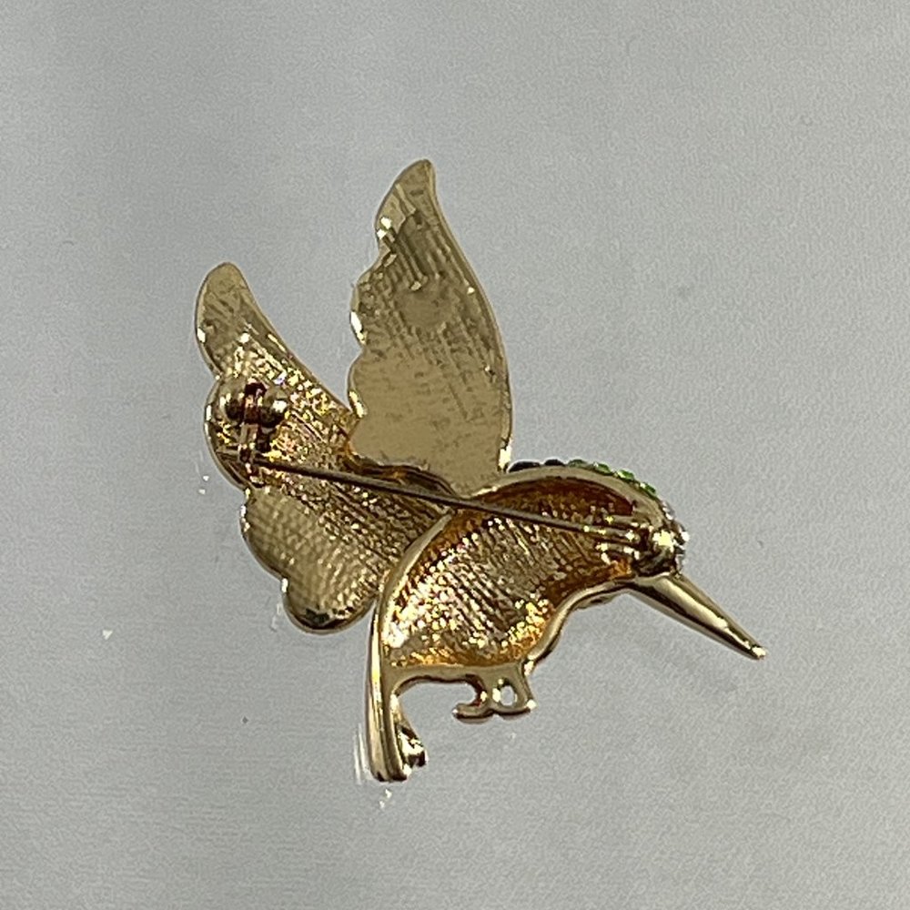 Hummingbird Brooch Pin Green White Enamel Rhinestones Gold Tone Sparkle - Picture 2 of 7